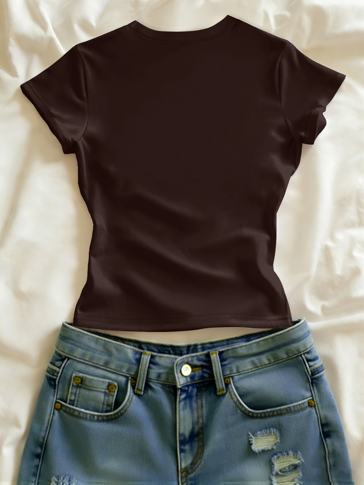 SHEIN Plus Size Women's Letter & Floral Print Crew Neck Short Sleeve Casual T-Shirt - Brown - View 2