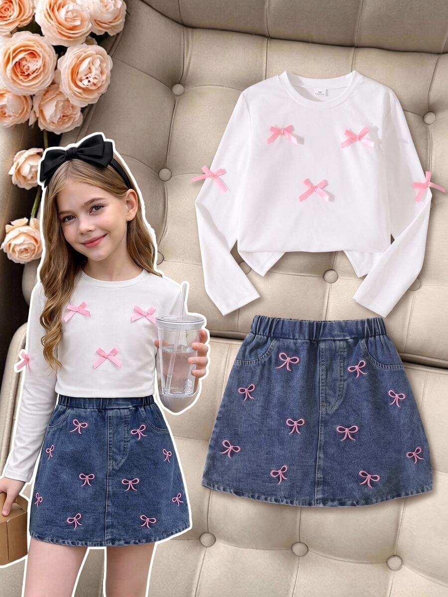 Elladie kids طقم بناتي حلو وناعم من قطعتين للعودة إلى المدرسة في الخريف، بلون وردي فاتح سادة، توب أساسي بأكمام طويلة مزين بفيونكة ثلاثية الأبعاد، مع تنورة جينز مغسولة بتأثير مهترئ ودبوس