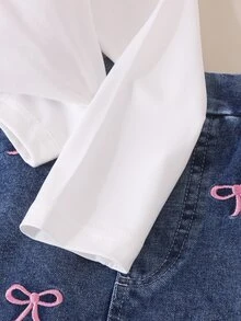 Elladie kids طقم بناتي حلو وناعم من قطعتين للعودة إلى المدرسة في الخريف، بلون وردي فاتح سادة، توب أساسي بأكمام طويلة مزين بفيونكة ثلاثية الأبعاد، مع تنورة جينز مغسولة بتأثير مهترئ ودبوس - أبيض - مشاهدة 8