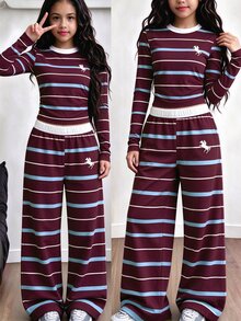 (1 Set)Tween Girls Autumn Fashion Pony Blue Burgundy White Striped Colorblock Ruched Waist Long Sleeve T-Shirt And Wide Leg Pants - Multicolor - View 3