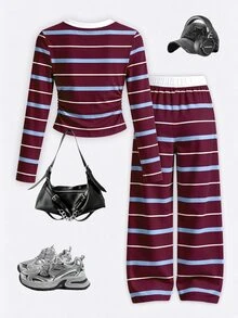 (1 Set)Tween Girls Autumn Fashion Pony Blue Burgundy White Striped Colorblock Ruched Waist Long Sleeve T-Shirt And Wide Leg Pants - Multicolor - View 2