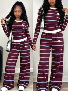 (1 Set)Tween Girls Autumn Fashion Pony Blue Burgundy White Striped Colorblock Ruched Waist Long Sleeve T-Shirt And Wide Leg Pants - Multicolor - View 1