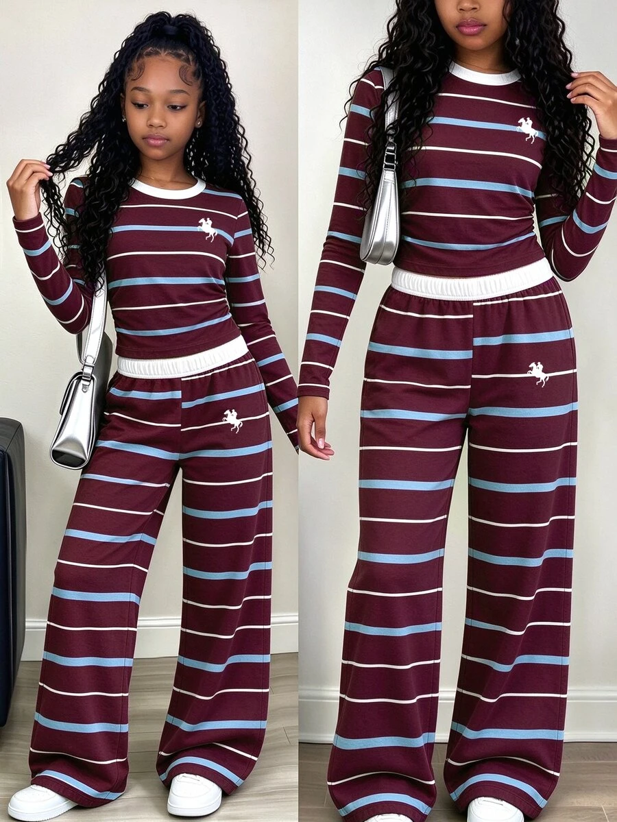 (1 Set)Tween Girls Autumn Fashion Pony Blue Burgundy White Striped Colorblock Ruched Waist Long Sleeve T-Shirt And Wide Leg Pants - Multicolor - View 1