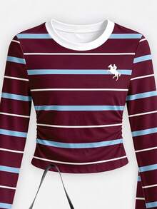 (1 Set)Tween Girls Autumn Fashion Pony Blue Burgundy White Striped Colorblock Ruched Waist Long Sleeve T-Shirt And Wide Leg Pants - Multicolor - View 5