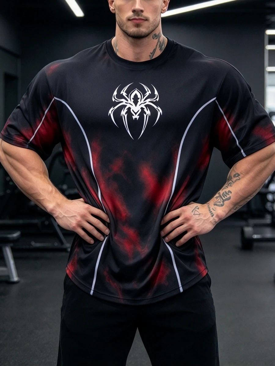 GymBeat Men's Spider Print Short Sleeve Casual Fitness Sports T-Shirt, Gym - Black - View 1
