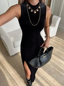 SHEIN EZwear 秋冬派對高衩天鵝絨洋裝 - 黑色 - 查看 7