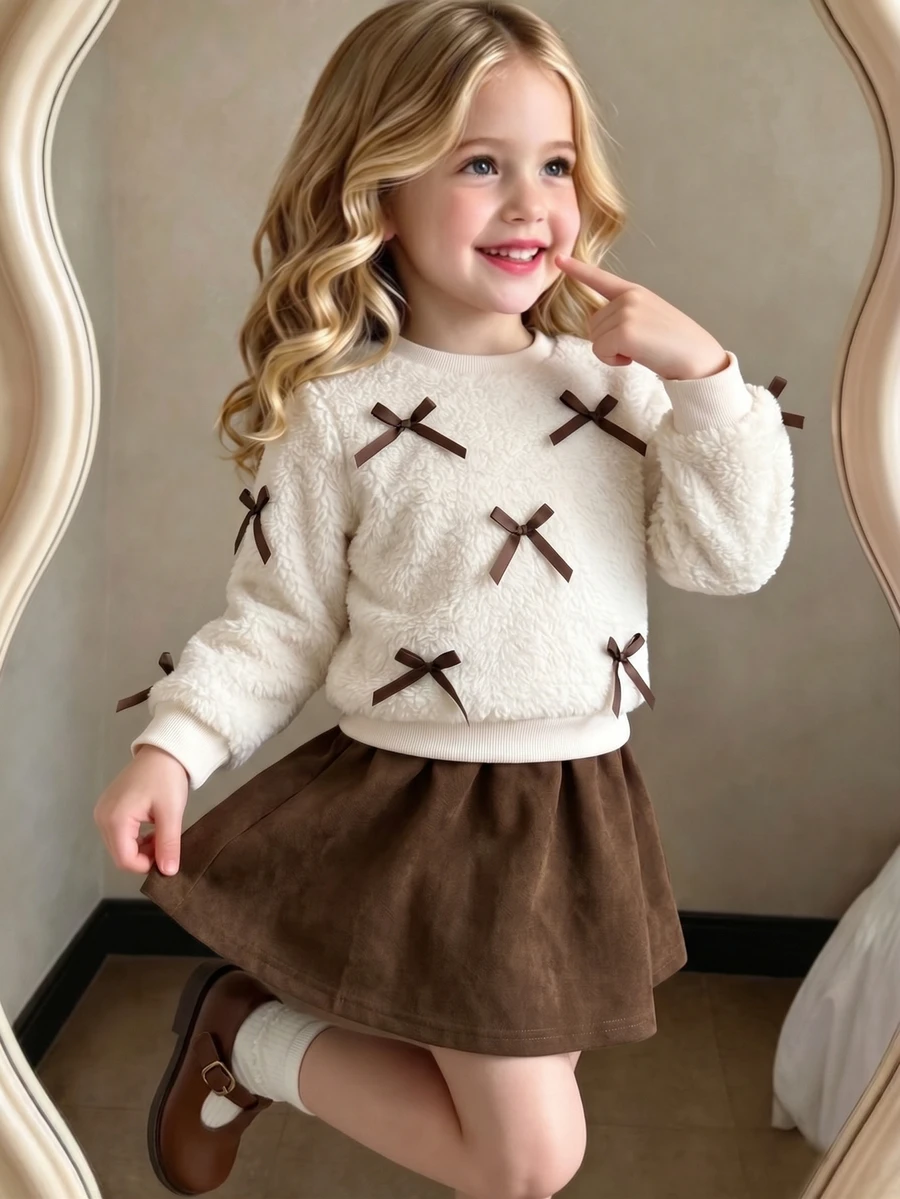 Young Girls 2pcs Autumn/Winter Cute Bowknot Decor Ribbed Long Sleeve Sweatshirt And Brown Skirt Set Kids Preppy Outfits Fall Clothing - White - View 1