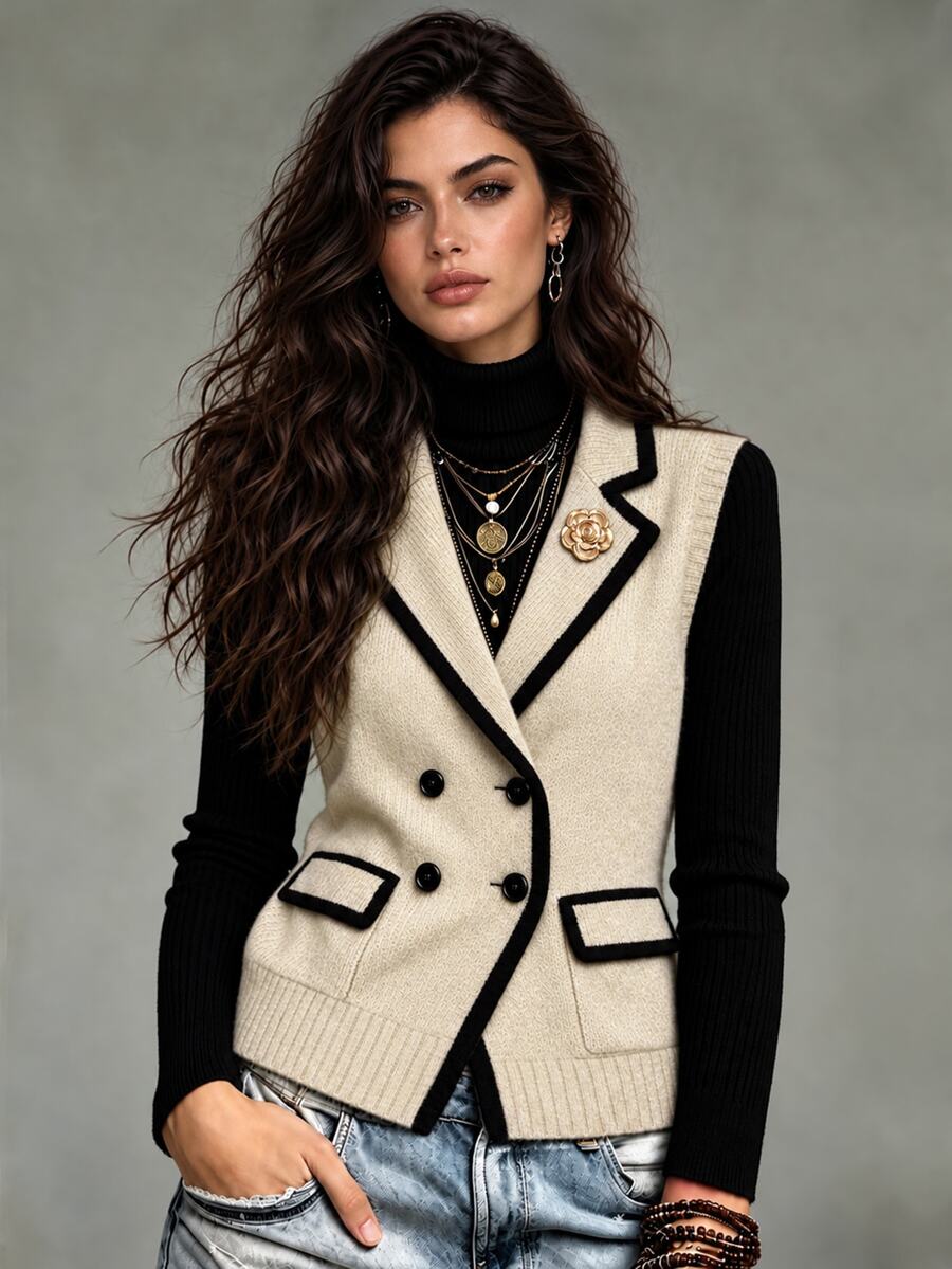 LUMIGAL Women's Striped Colorblock Button Knit Vest Cardigan - Apricot - View 1