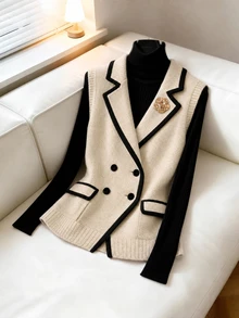 LUMIGAL Women's Striped Colorblock Button Knit Vest Cardigan - Apricot - View 3