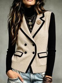 LUMIGAL Women's Striped Colorblock Button Knit Vest Cardigan - Apricot - View 5