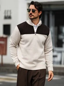 Marcello Vane Men's Autumn/Winter Half-Zip Thermal Lined Sweater - Beige - View 5