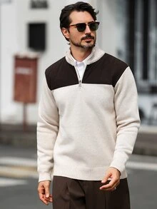 Marcello Vane Men's Autumn/Winter Half-Zip Thermal Lined Sweater - Beige - View 4