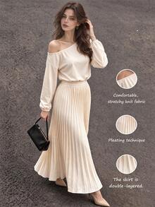 Cévolie Commuter Gentle Style Asymmetric Neckline Cold Shoulder Pleated Top & Long Skirt Set - Apricot - View 1