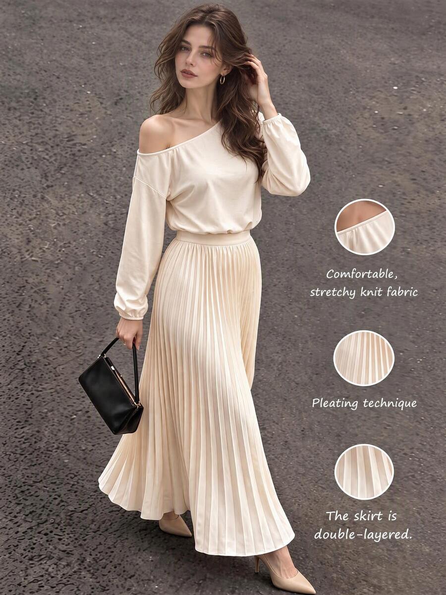 Cévolie Commuter Gentle Style Asymmetric Neckline Cold Shoulder Pleated Top & Long Skirt Set - Apricot - View 1