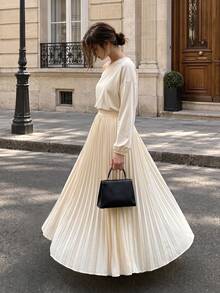 Cévolie Commuter Gentle Style Asymmetric Neckline Cold Shoulder Pleated Top & Long Skirt Set - Apricot - View 6