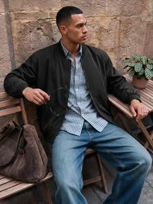 HIMLAND Men's Solid Color Baseball Collar Casual Versatile Daily Travel Long Sleeve Jacket - Black - View 5