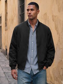 HIMLAND Men's Solid Color Baseball Collar Casual Versatile Daily Travel Long Sleeve Jacket - Black - View 3