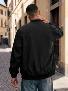 HIMLAND Men's Solid Color Baseball Collar Casual Versatile Daily Travel Long Sleeve Jacket - Black - View 2
