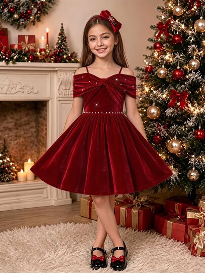 SHEIN Girls' Elegant Satin Oversized Bow Sleeve Faux Pearl Decor Bow Front Apron A-Line Dress, Suitable For Party, Celebration, Christmas Ball, Wedding Guest Dress, Prom Dress