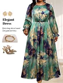 Fleurora Plus Size Women's Floral Print Round Neck Long Sleeve Elegant Dress - Multicolor - View 6