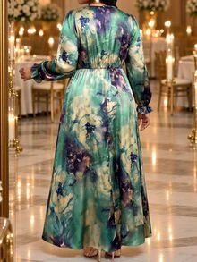 Fleurora Plus Size Women's Floral Print Round Neck Long Sleeve Elegant Dress - Multicolor - View 3