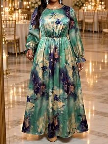 Fleurora Plus Size Women's Floral Print Round Neck Long Sleeve Elegant Dress - Multicolor - View 5