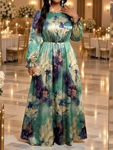 Fleurora Plus Size Women's Floral Print Round Neck Long Sleeve Elegant Dress - Multicolor - View 4
