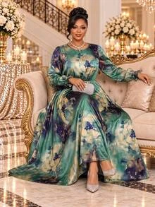Fleurora Plus Size Women's Floral Print Round Neck Long Sleeve Elegant Dress - Multicolor - View 2