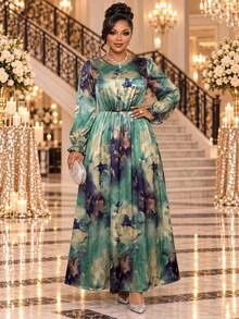 Fleurora Plus Size Women's Floral Print Round Neck Long Sleeve Elegant Dress - Multicolor - View 1