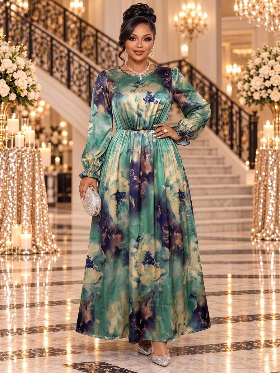 Fleurora Plus Size Women's Floral Print Round Neck Long Sleeve Elegant Dress - Multicolor - View 1