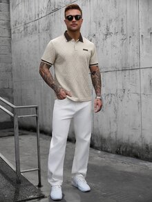 Manfinity CasualCool Men's Textured Patch Half-Placket Short Sleeve Polo Shirt - Khaki - View 6