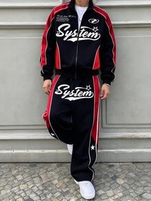 SHEIN 2pcs/Set Men's Teen Casual Streetwear Baggy Y2K Style Activewear Set Black Colorblock Stand Collar Zipper Sweatshirt Wide Leg Track Pants Fall Winter - Black - View 1