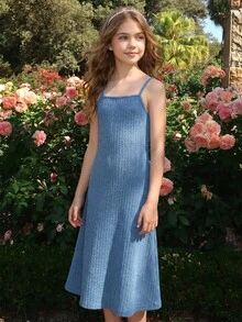 Girls' Spaghetti Strap Dress, Fitted Mid-Length Dress, Deep Blue Knit Texture Soft Dress, Casual Daily Vacation - Teal Blue - View 1