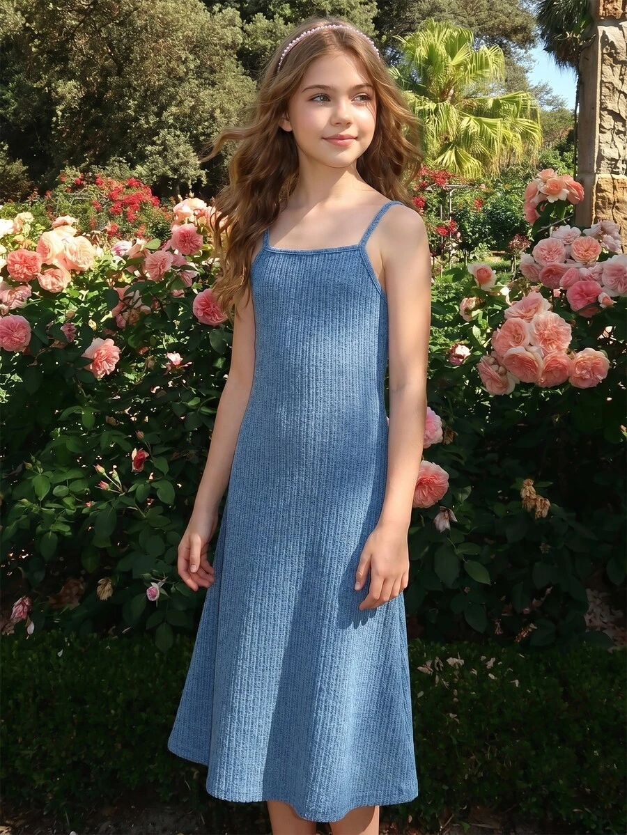 Girls' Spaghetti Strap Dress, Fitted Mid-Length Dress, Deep Blue Knit Texture Soft Dress, Casual Daily Vacation - Teal Blue - View 1