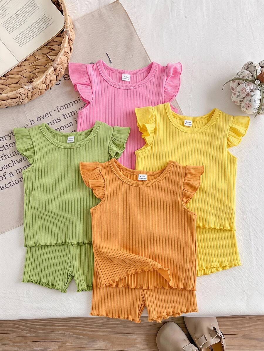 SHEIN 8pcs Baby Girl 0-3 Years Old Summer Casual Cute Family Matching Orange Solid Color Knitted Ribbed Short Sleeve Vest Tee Shirt Top And Shorts Set - Multicolor - View 1