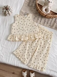 SHEIN 2pcs/Set Baby Girls' Jacquard Top And Pants Set, Fashionable & Cute, Suitable For Spring/Summer, Indoor, Outdoor, Vacation, Beach, Daily Wear - Multicolor - View 2
