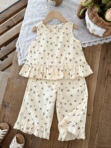 SHEIN 2pcs/Set Baby Girls' Jacquard Top And Pants Set, Fashionable & Cute, Suitable For Spring/Summer, Indoor, Outdoor, Vacation, Beach, Daily Wear - Multicolor - View 4