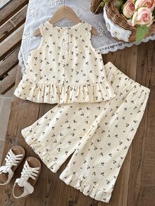SHEIN 2pcs/Set Baby Girls' Jacquard Top And Pants Set, Fashionable & Cute, Suitable For Spring/Summer, Indoor, Outdoor, Vacation, Beach, Daily Wear - Multicolor - View 3