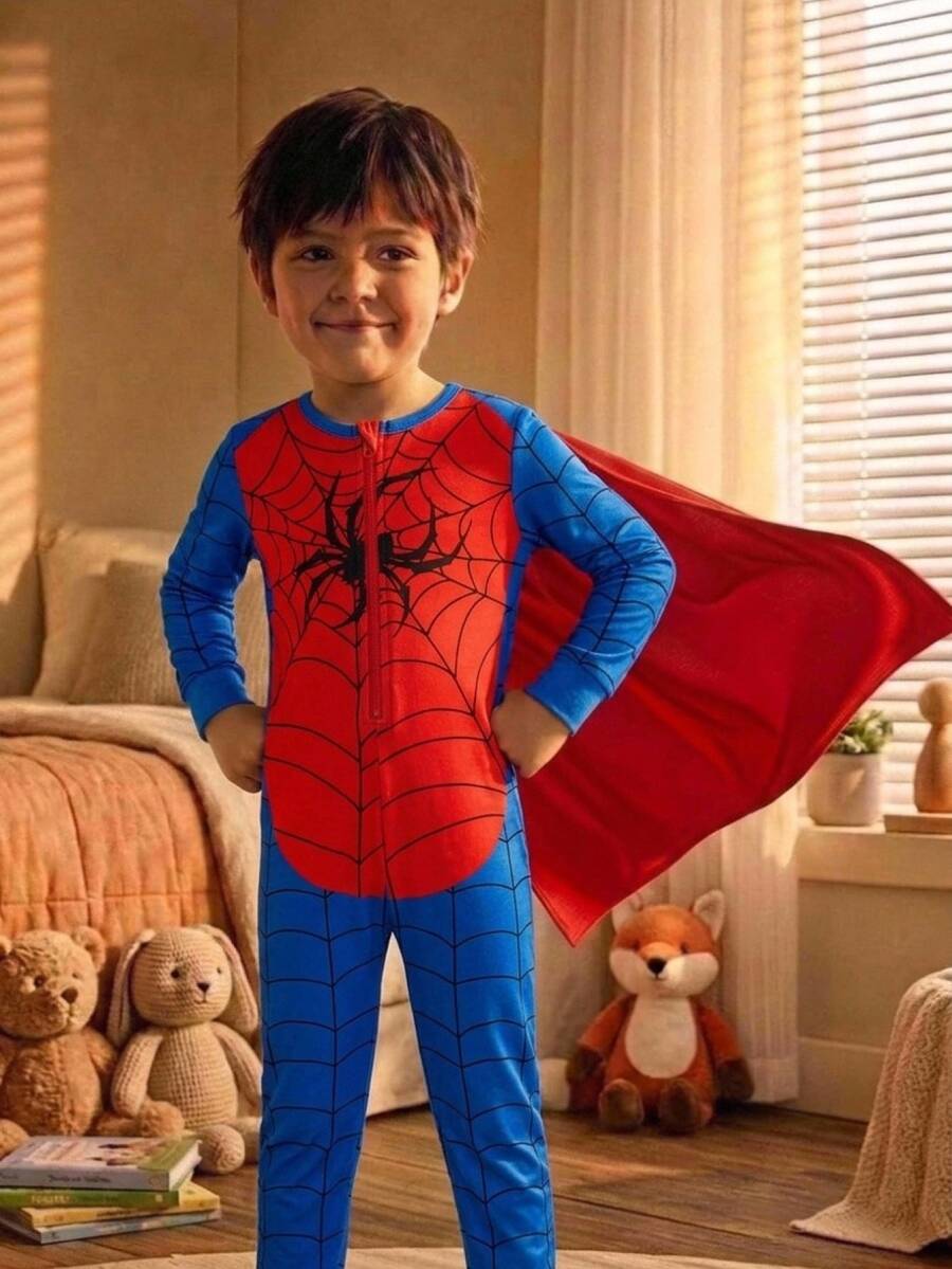 SHEIN Young Boy Snug Fit Faux Cashmere Comfortable Crew Neck Long Sleeve Cartoon Colorblock Spider Print One-Piece Snug Fit Loungewear