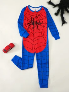 SHEIN Young Boy Snug Fit Faux Cashmere Comfortable Crew Neck Long Sleeve Cartoon Colorblock Spider Print One-Piece Snug Fit Loungewear - Multicolor - View 4