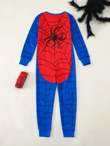 SHEIN Young Boy Snug Fit Faux Cashmere Comfortable Crew Neck Long Sleeve Cartoon Colorblock Spider Print One-Piece Snug Fit Loungewear - Multicolor - View 3