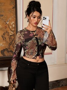 EastFlair Plus Size Women Sexy Leopard & Floral Print Top - Multicolor - View 5
