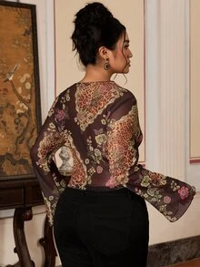 EastFlair Plus Size Women Sexy Leopard & Floral Print Top - Multicolor - View 2