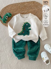 SHEIN 2件組嬰兒男童恐龍刺繡可正反穿著抓絨衛衣與長褲套裝 中性萬聖節綠色可愛日系寬鬆秋季服飾 - 彩色 - 查看 4