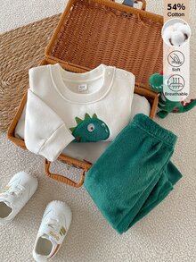 SHEIN 2件組嬰兒男童恐龍刺繡可正反穿著抓絨衛衣與長褲套裝 中性萬聖節綠色可愛日系寬鬆秋季服飾 - 彩色 - 查看 5