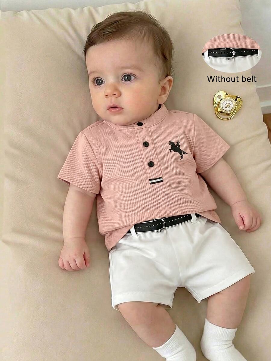 SHEIN Newborn Baby Boy Cute Collegiate Style Matching Tropical Knit Dusty Pink White Short Sleeve Top And Elastic Waist Shorts Set Family Holiday Summer - Dusty Pink - View 1