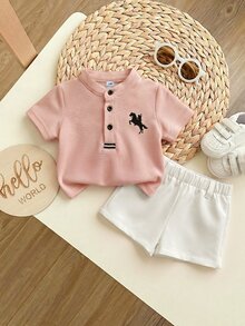 SHEIN Newborn Baby Boy Cute Collegiate Style Matching Tropical Knit Dusty Pink White Short Sleeve Top And Elastic Waist Shorts Set Family Holiday Summer - Dusty Pink - View 5