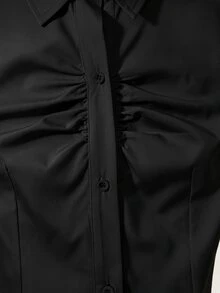 SHEIN Teen Girls Fall Tops Fall Solid Black Collared Long Sleeve Shirt, Front Placket Ruched, Waist-Cinching Fit Formal Work Elegant Katseye Junior - Black - View 3