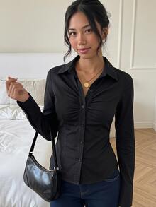 SHEIN Teen Girls Fall Tops Fall Solid Black Collared Long Sleeve Shirt, Front Placket Ruched, Waist-Cinching Fit Formal Work Elegant Katseye Junior - Black - View 1