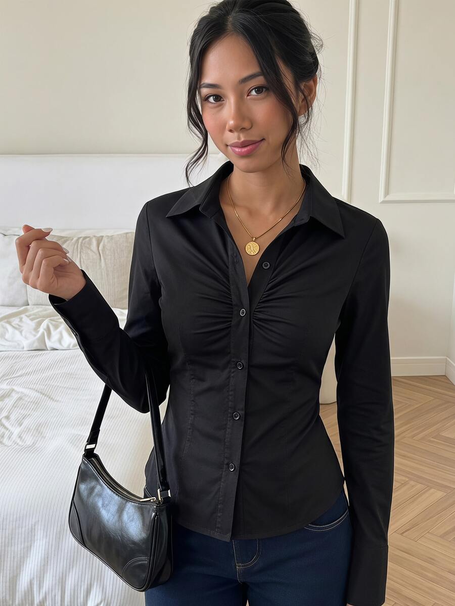 SHEIN Teen Girls Fall Tops Fall Solid Black Collared Long Sleeve Shirt, Front Placket Ruched, Waist-Cinching Fit Formal Work Elegant Katseye Junior - Black - View 1